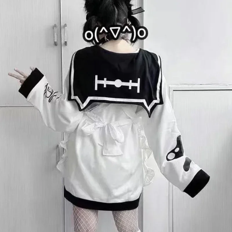 Long Sleeve Women Cat Ear Sweet Hoodie Sailor Collar Print Y2k Oversized Tops Clothes for Teens Thick Casual Japanese Sweatshirt