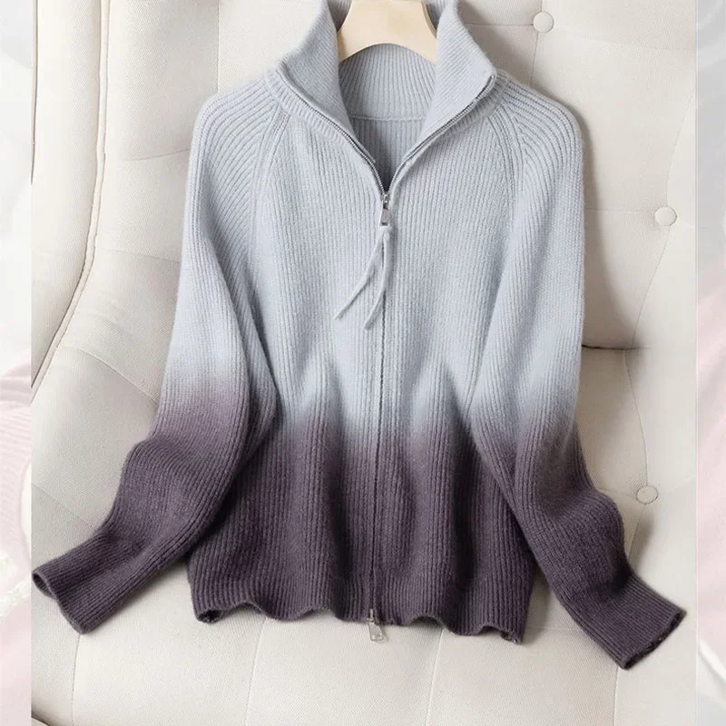 

Осенняя женская одежда, модный винтажный вязаный кардиган, шикарные свитера с градиентной двойной молнией, офисные женские простые свободные топы