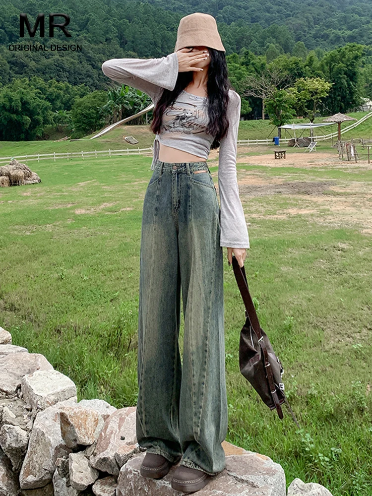 

Ретро джинсы с широкими штанинами и эффектом потертости, женские, с высокой талией, стройнящие, длиной в пол, прямые, струящиеся, для весеннего сезона