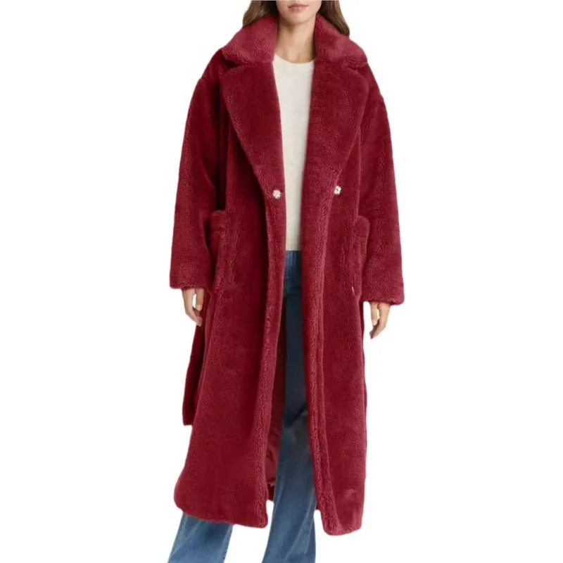 2025 여성용 푹신한 탑 코트, 두꺼운 인조 시어링 코트, 단색 긴팔 겨울 아우터, 보온 안감 롱 코트