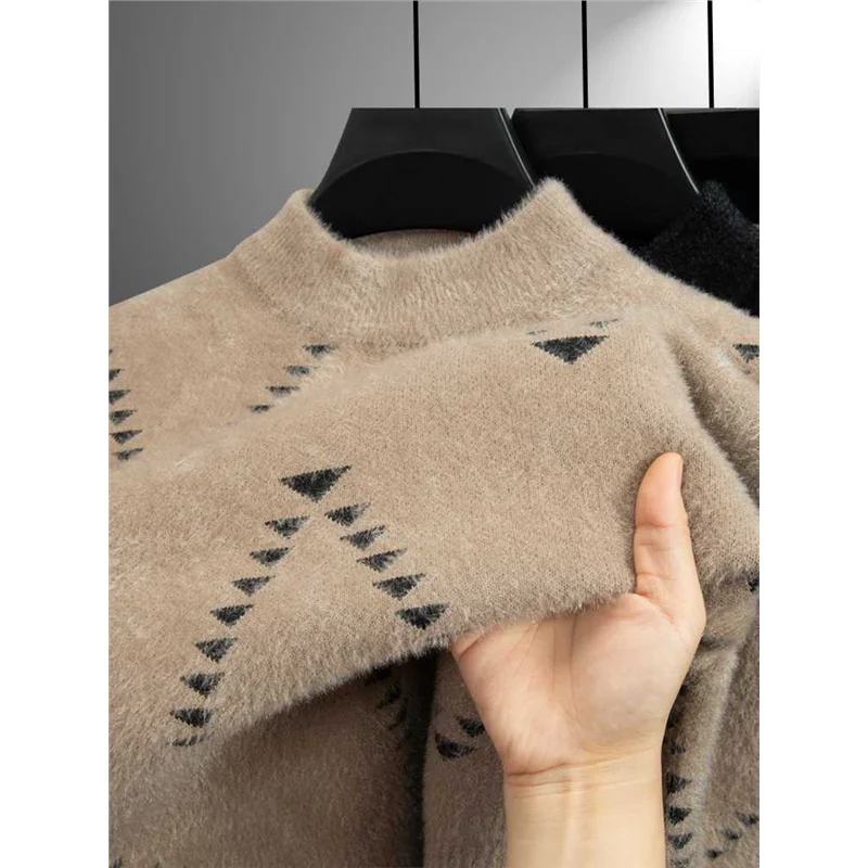 

Мужской утепленный вязаный свитер с высоким воротником, зимний, модный, теплый, в полоску, в корейском стиле, имитация норки, базовый трикотаж