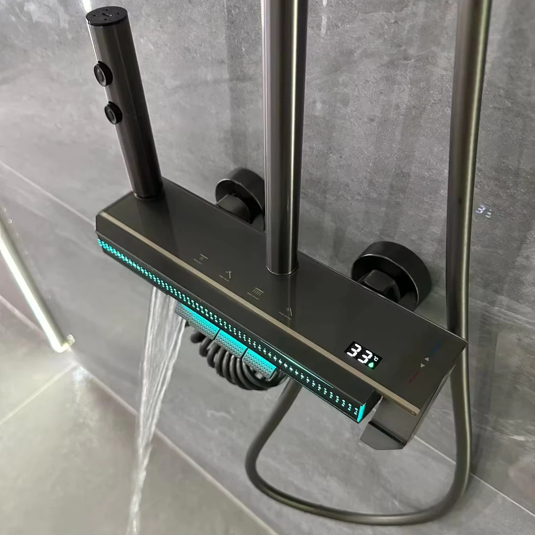 

Polished Brass Aluminum Bathroom Rain Shower Set Digital Display Bath Faucets Ceramic Brushed Pressure-Boosting Soft Jet Massage