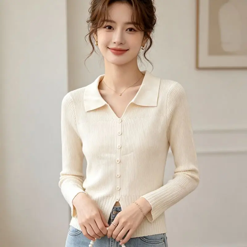 Fashion Woman Blouses Long Sleeve Autumn Winter Tops Blouse Women Polo Knitted Blouse Button Shirt Skinny Slim Knitted Clothing