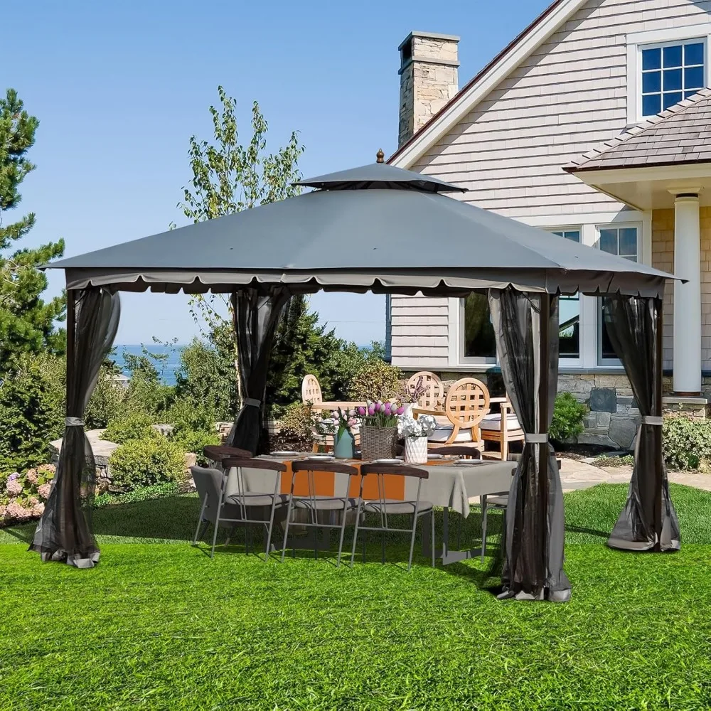 [New-Gen] Outdoor Patio Gazebo10x12,Gazebo with Mosquito Netting[Sturdy Metal Heavy Duty Frame],Outdoor Canopy Gazebo with Doubl