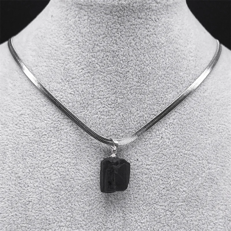 Irregular Natural Black Tourmaline Pendant Necklace for Women Men Stainless Steel Snake Blade Chain Necklaces Jewelry NXXXXS04