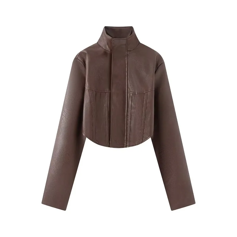 CHARMCHANT Women's High Stand Collar Cropped Faux Leather Jacket Long Sleeve Zip Up Moto Outerwear Streetwear Spring Fall 2026