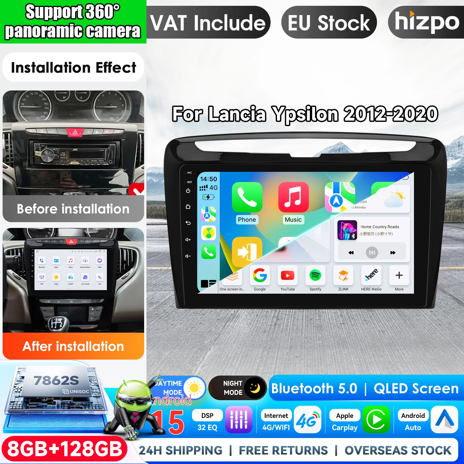 Image of Hizpo 9-Zoll Kabelloses CarPlay Android Auto Autoradio für Lancia Ypsilon 2012 - 2020 Multimedia Kabelloses Apple CarPlay Intelligente Systeme IPS Touchscreen Stereo-Videoplayer 2 Din Autoradio