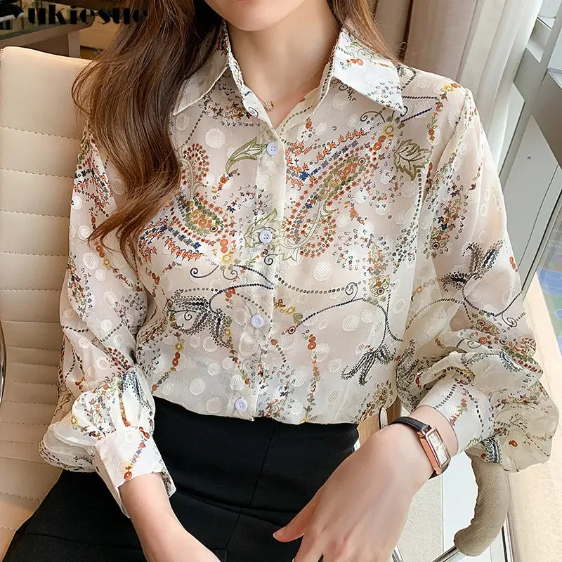 Korean Fashion Printed Women's Shirt Embroidery Printing Long-Sleeved Temperament Chiffon Shirt 2025 Spring New Loose Lapel Top