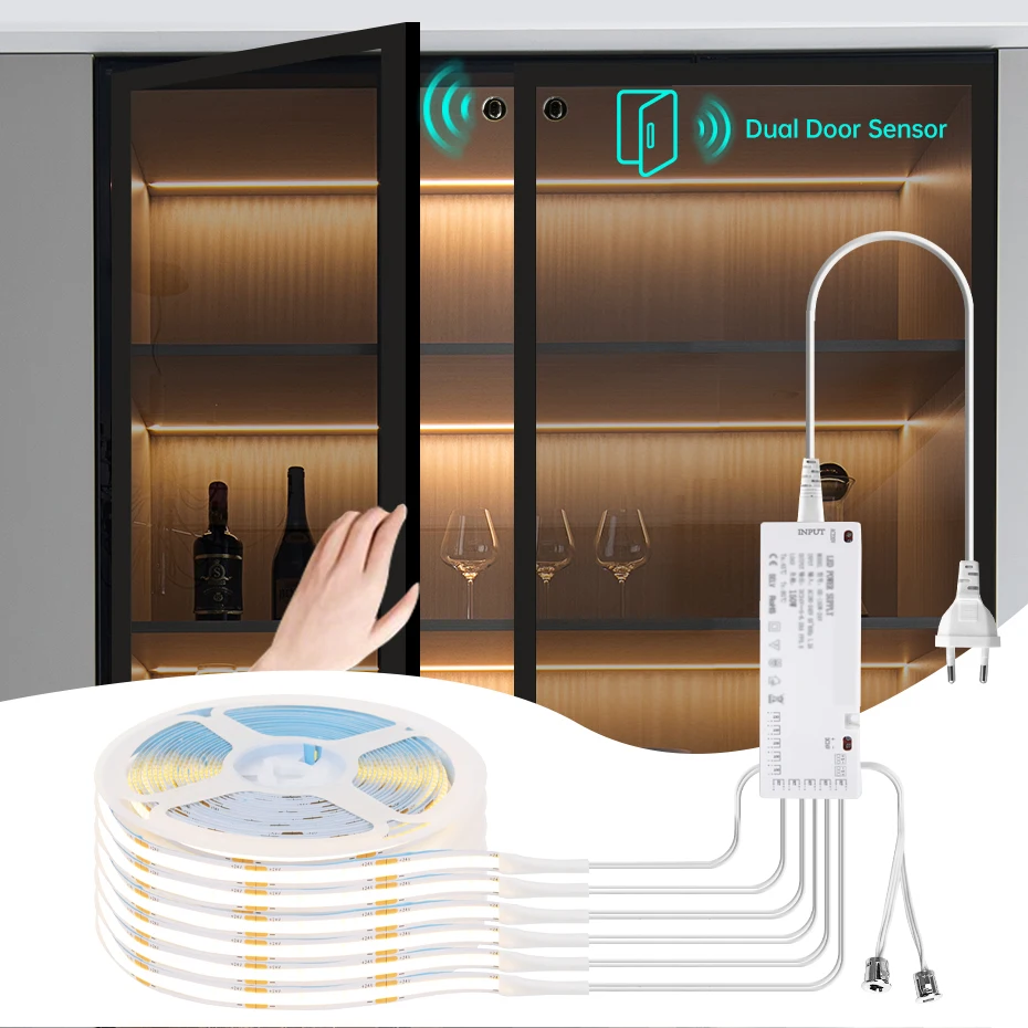 

Under Cabinet LED Lights with Door Sensor Control Switch DC 24V COB Led Strip Light For Showcase Wardrobe Backlight Lighting