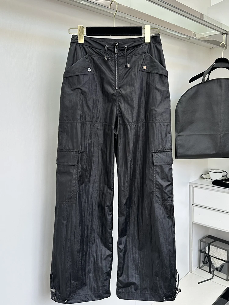 

Fashion Designer Autumn Black Color Casual Wide Leg Pants Women's Middle Waist Button Multi Pocket Loose Trousers