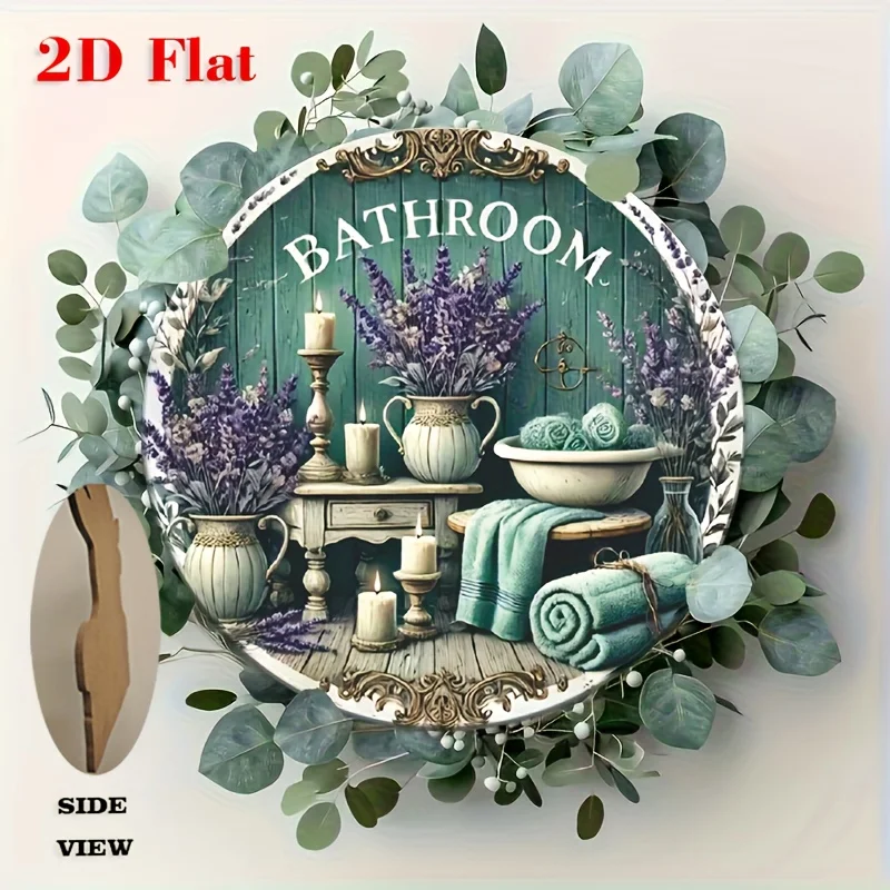 2D Flat, Vintage Lavender & Candle Wood Wall Art - 7.8 Inch Round Rustic Bathroom Decor with Floral Design, No Electricity Neede