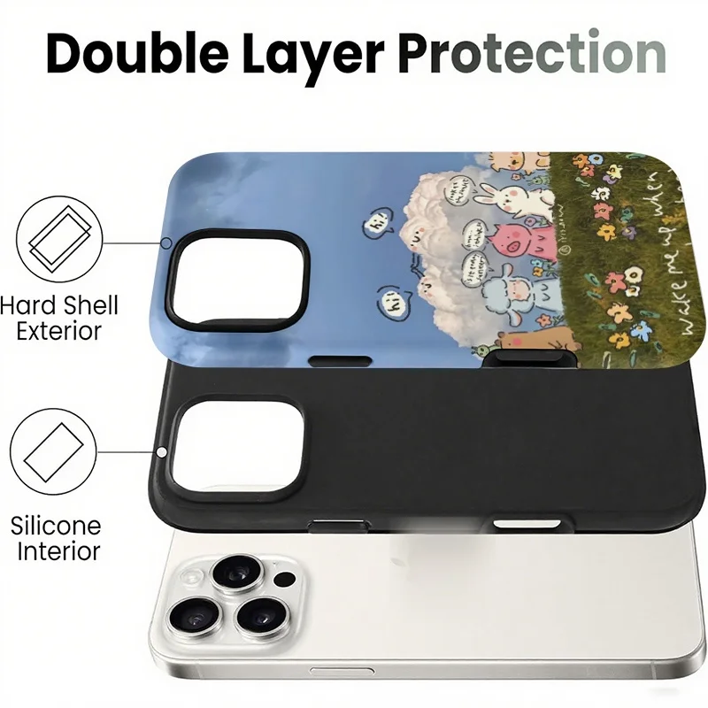 Cute Animals Clouds Cartoon Illustration Kawaii Style Pastel Colors Dual-Layer Hybrid Phone Case for iPhone 12-17 Series