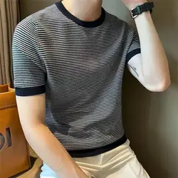 Trendyol Ice Silk Knitted T-shirt Summer Men Clothing Cootrast Color Youthful Vitality Breathable Short Sleeve Comfortable Tops