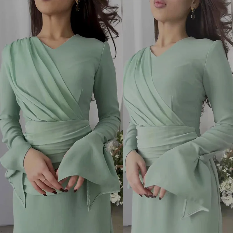 Women Dress Green Slim Bodycon Long Dresses Round Neck Flare Sleeve Casual Pleated Elegant Y2k Splice High Waist Vestidos 2024