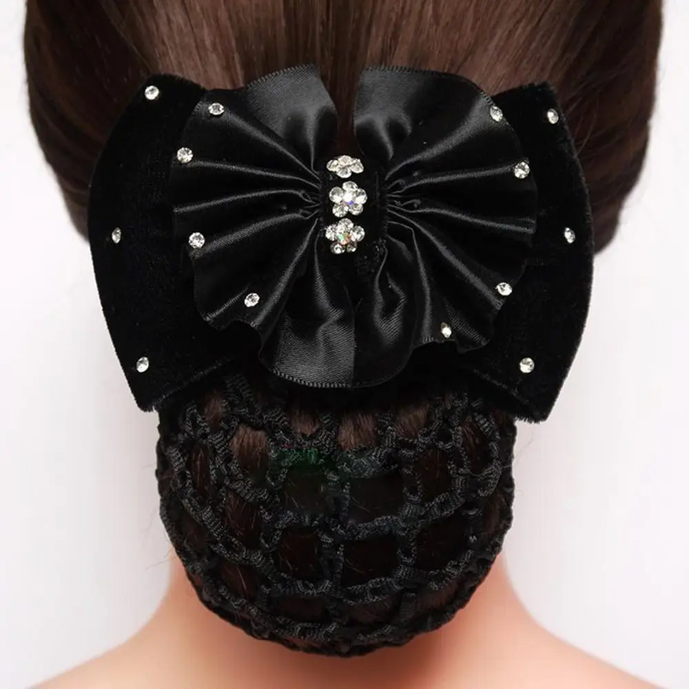 Hot Sale Satin Rhinestone Barrette Bow Hair Clip Cover Hair Accessories Bowknot Net Bun Snood