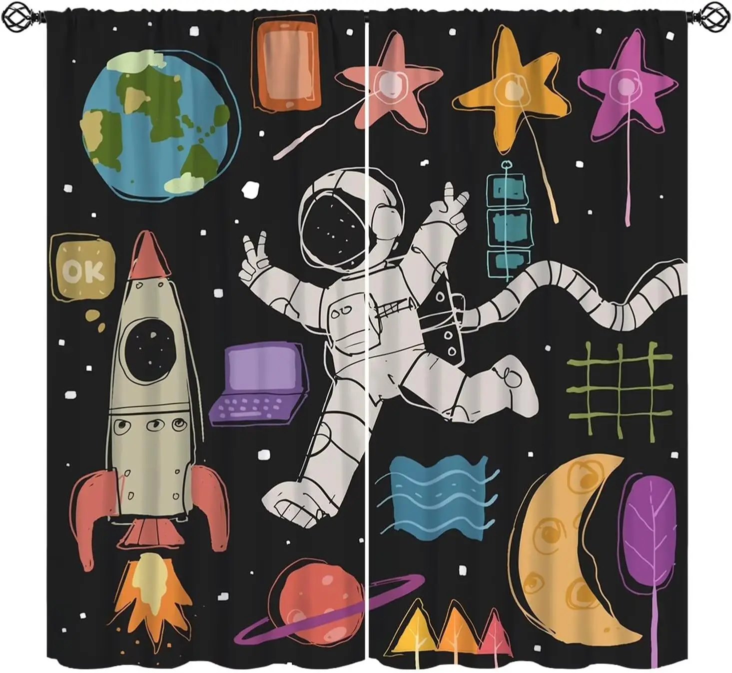 Astronaut Curtains Boys Space Cartoon Funny Spaceman with Earth Moon Blackout Window Treatment Insulated Drapes Decor Curtain