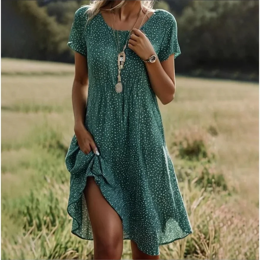 Summer Hot Sale Midi Dress Bohemian Ethnic Style Large round Neck Loose Waist Polyester Printed Straight Cut Women's Dress