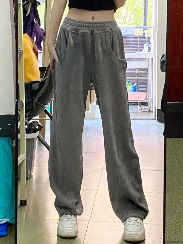 

Winter Warm Grey Pants With Pocket Women Baggy Elastic Pants Casual Straight Pants High Waist Trousers Oversized Wide Leg Pants