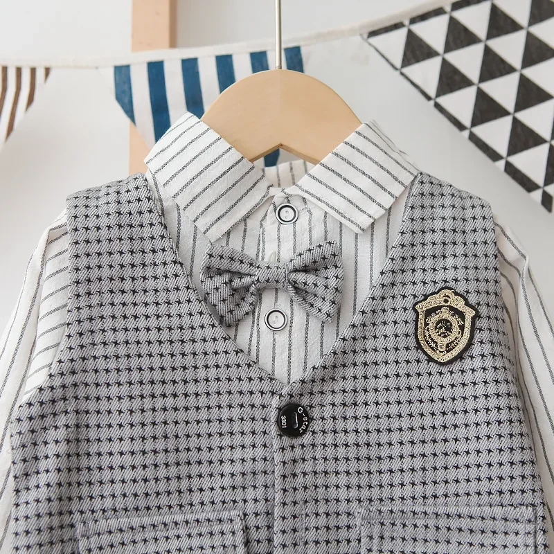 Chemise rayée en coton pour nouveau-né, gentleman, fête de mariage, ensemble de mode pour bébé garçon, gilet et pantalon, 3 pièces, nouveau