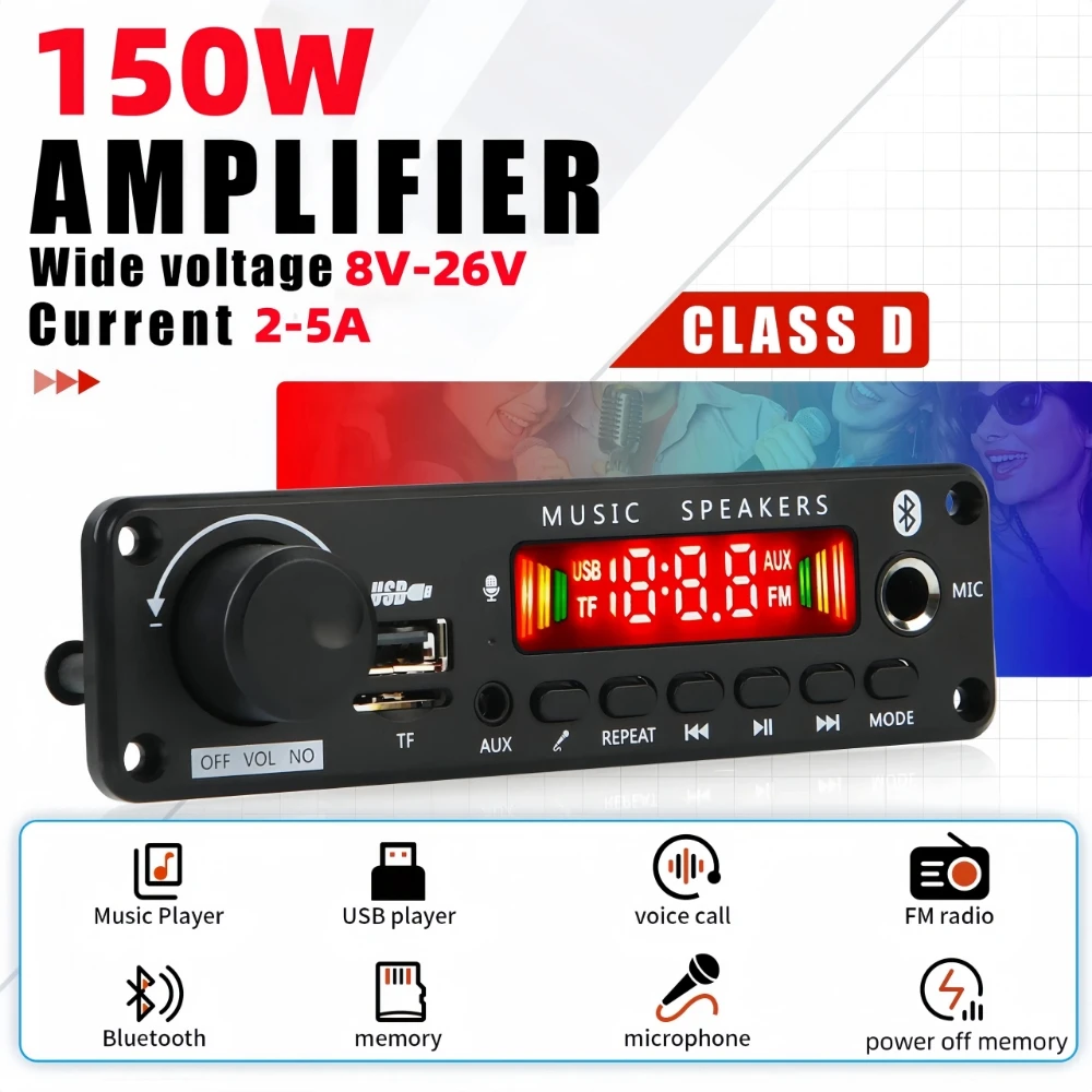 ไมโครโฟนเครื่องเสียงรถยนต์150W เครื่องขยายเสียงบอร์ดเครื่องถอดรหัสบลูทูธในรถยนต์ WMA WAV USB TF วิทยุ FM เครื่องเล่นเพลงลำโพง DC 12V