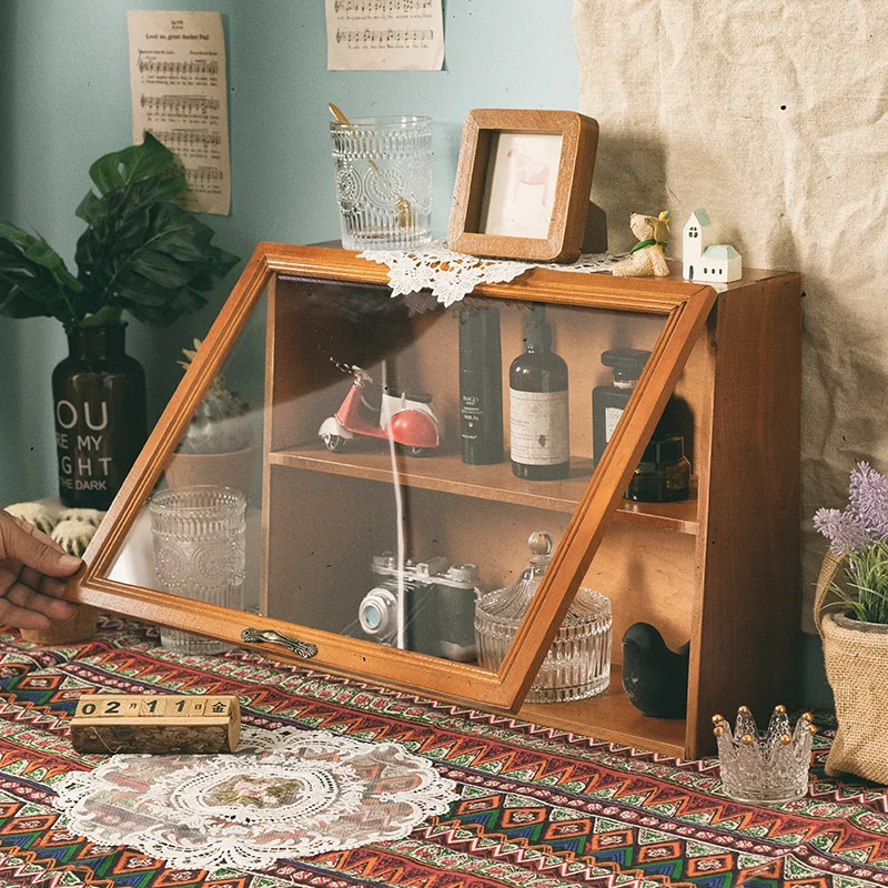 Handmade vintage wood home study clamshell dustproof storage cabinet Cosmetics storage box Toy display storage rack