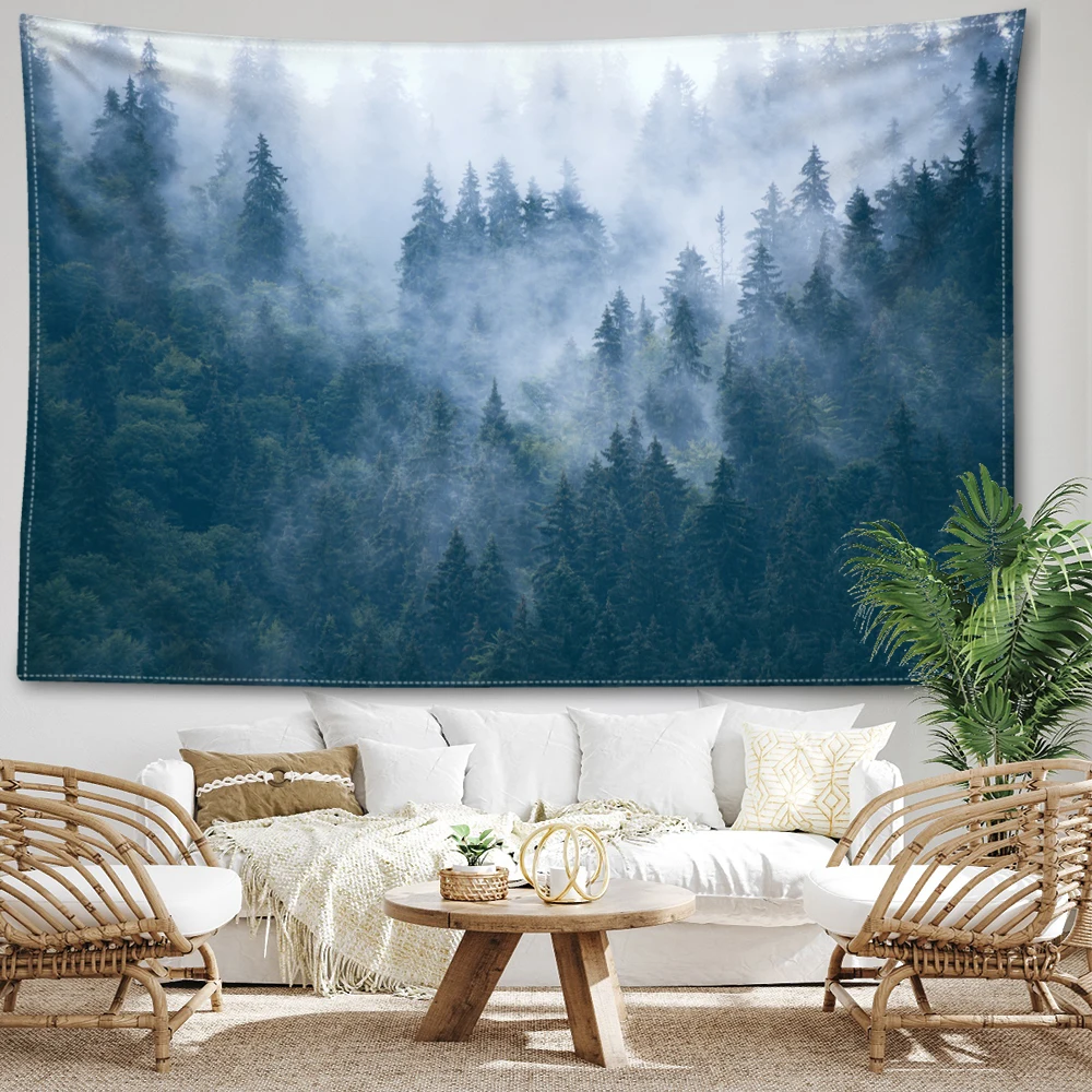 Misty Forest Tapestry Wall Hanging Natural And Minimalist Scenery Bohemian Art Modern Style Home Decor