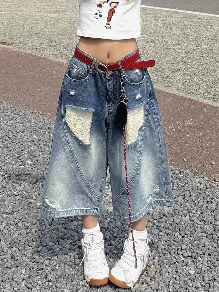 Unisex Cropped Pants Jeans 2026 Spring Summer Plus Size Vintage Gradient Washed Ripped Denim Loose Straight Wide Leg Pants