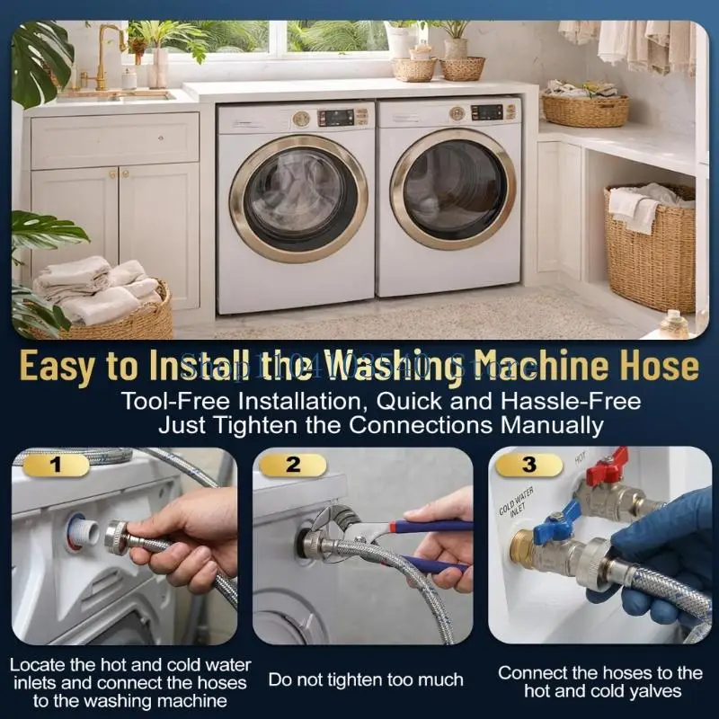 02DC Hot and Cold Washer Supply Hoses 48 Inch Stainless Steel Pair with Preinstalled Fittings for Washing Machine Water Hookup