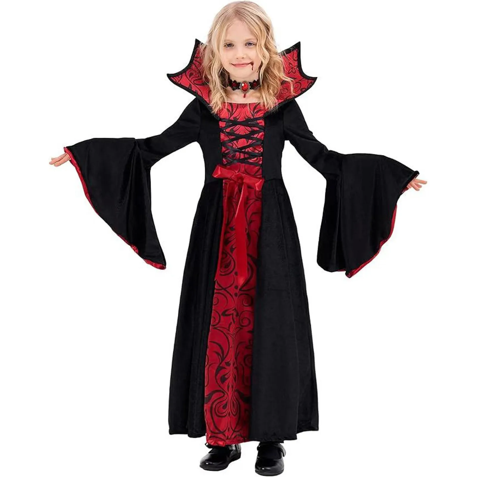 Conjunto de collar y vestido de Cosplay de vampiro para Halloween para niñas, ropa de manga larga para actuación de juegos de rol de terror y bruja para niños