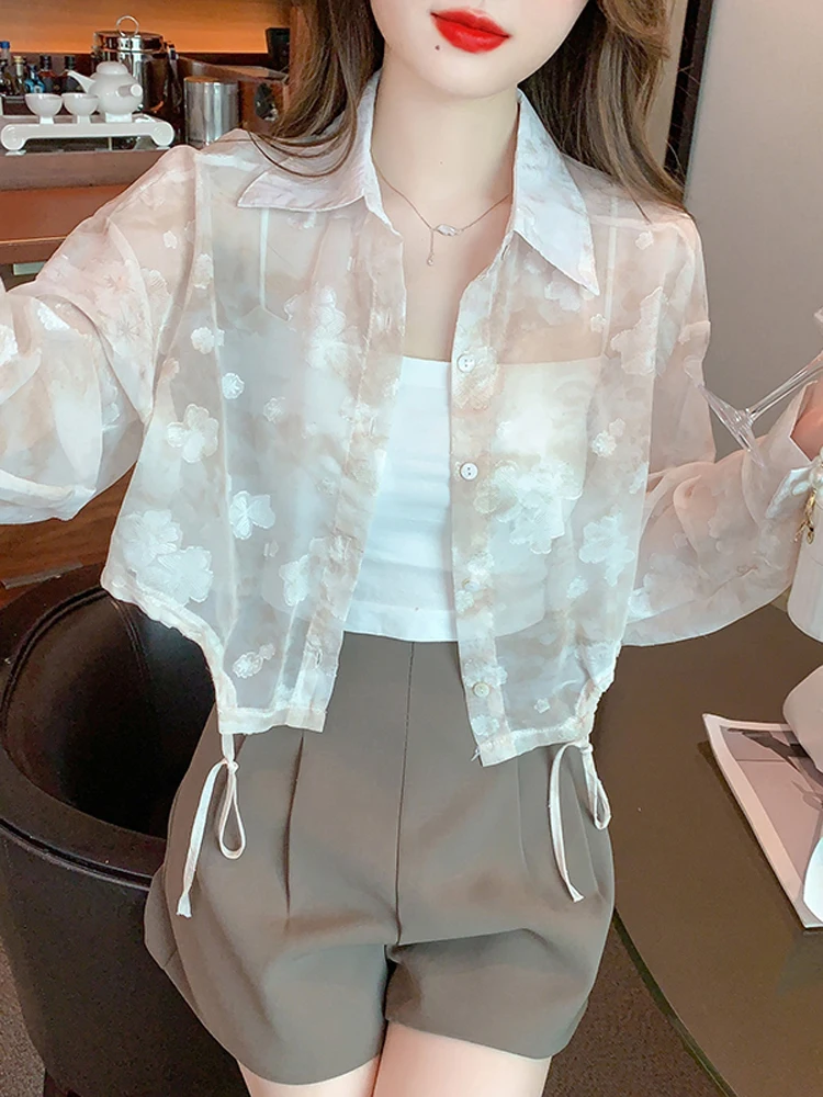 

Summer Floral Print Sun Protection Women's Shirt Thin Design Short Outerwear Cardigan Top Korean Style Loose Fit Long Sleeve