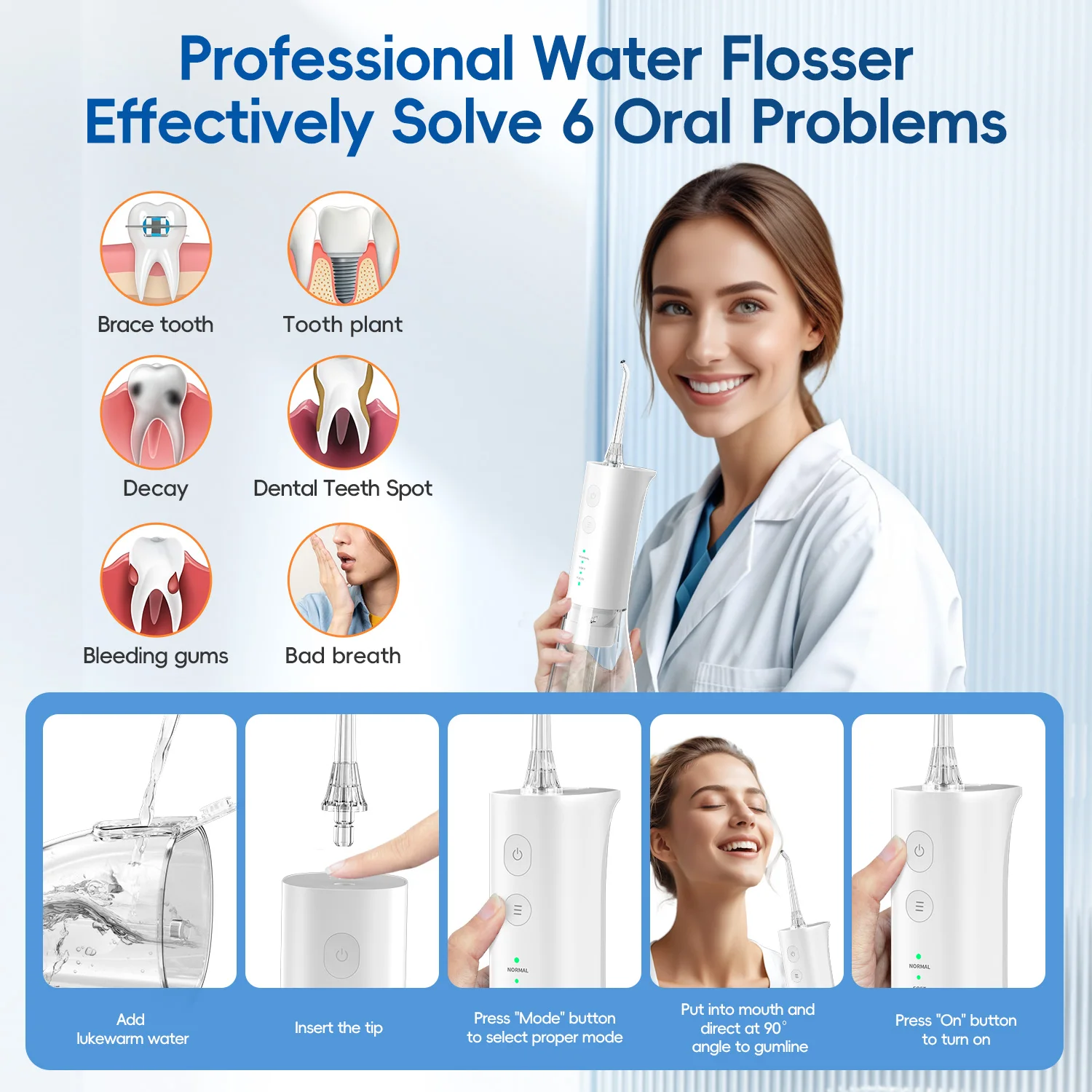Elektrische Wasserflosser, wiederaufladbare Wasserflosser für Zähne, saubere, wasserdichte Flosser, tragbare Munddusche, 300 ml, für Zuhause und Reisen