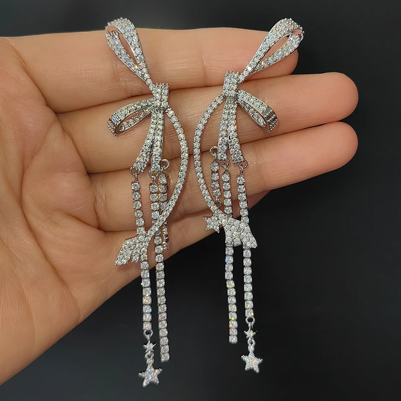 

sweet shiny bowknot earrings zircon silver gold color luxury jewelry women cute long tassel pendant earrings party gift female