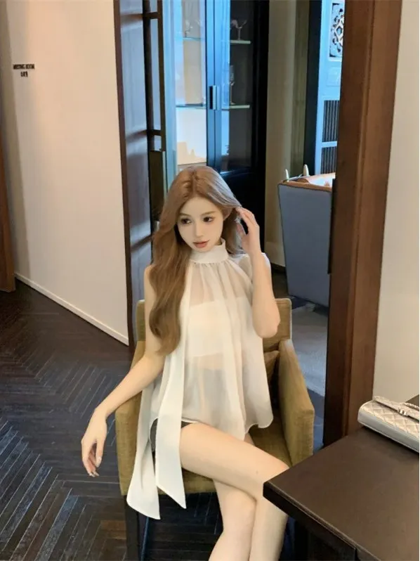 

Ele Gentle Svel Chiffon irt Women's Summer New Thin Design Sense Inner Wear Two-Piece Set Top High Collar Regular...