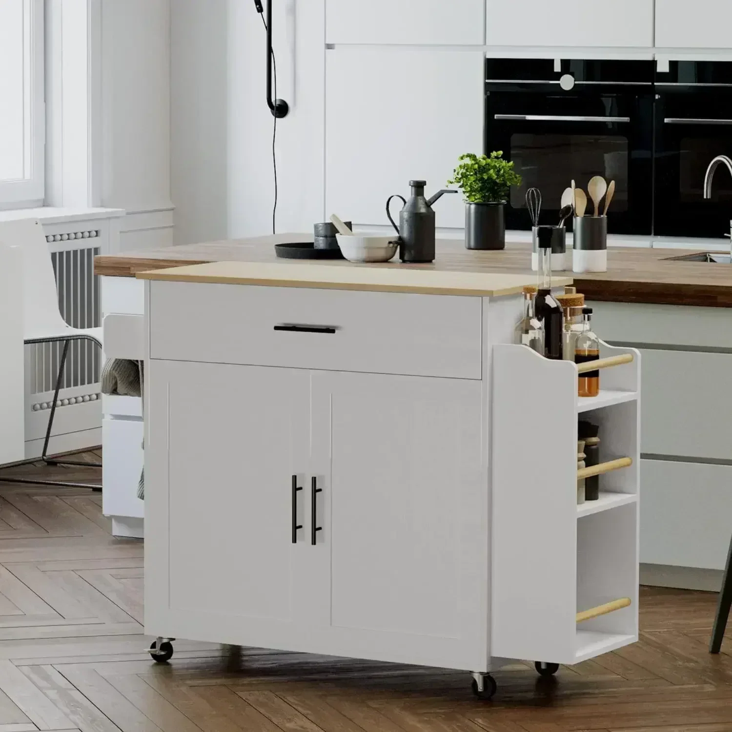 Kitchen Island with Storage, Rolling Kitchen Island on Wheels with Drop Leaf, 3 Open Spice Rack Shelf, Door Cabinet, Drawer