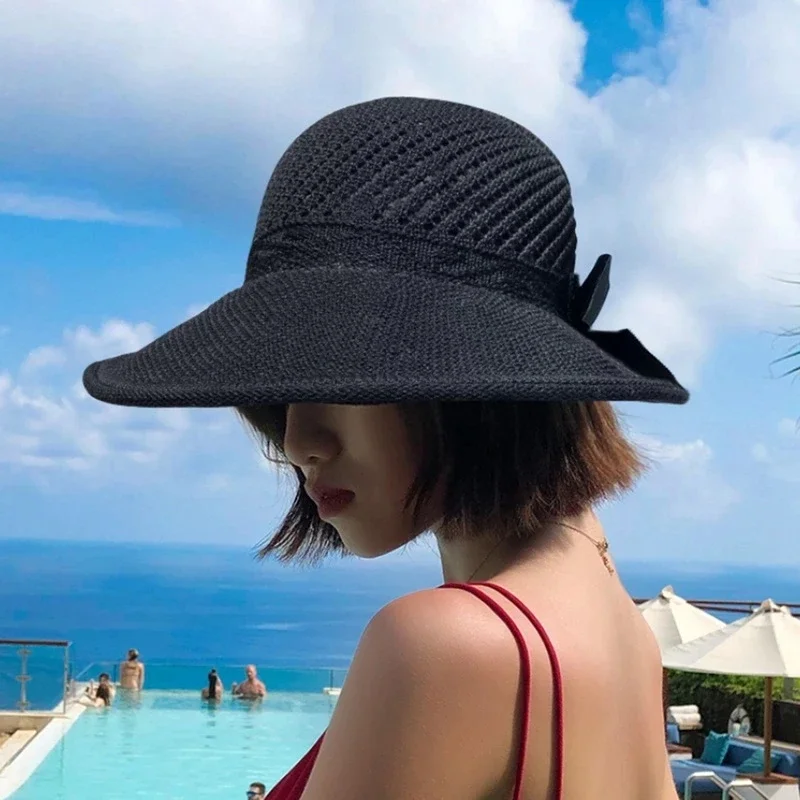 2021 Summer Women\'s Sunscreen Hat Classic Bowknot Foldable Fashion Straw Hat Casual Outdoor Beach Cap Women Protection Cap