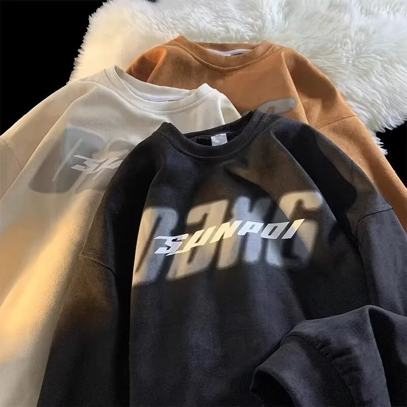 

Men's Loose Fit Fce Lined Suede Sweatirt American Retro Letter Print Casual Autumn Winter Comfortable Cotton T-irt