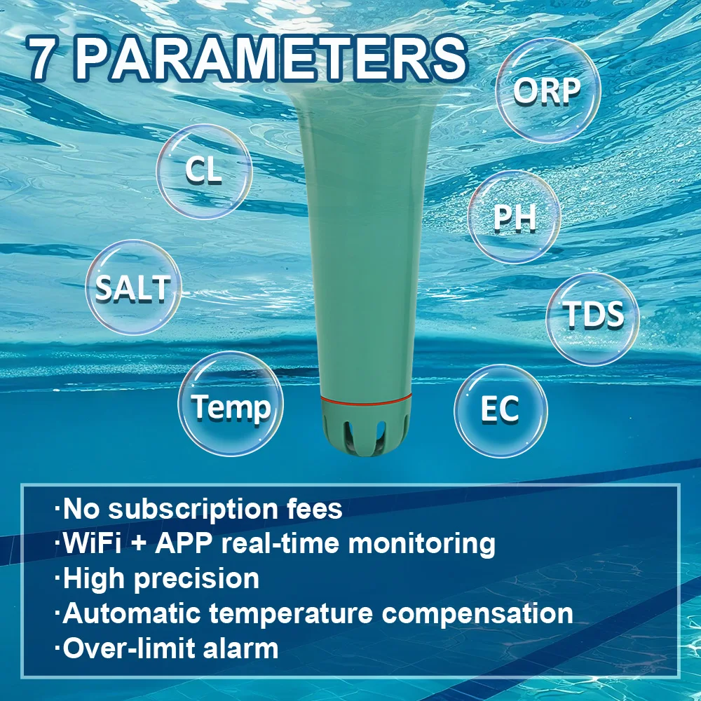 Portable 7-in-1 Intelligent Pool Monitor Swimming Pool Water Chlorine/ORP/TEMP/TDS/EC/SAL/PH