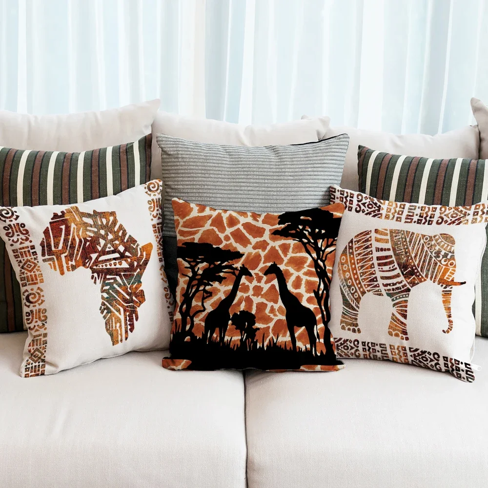 African Tribal Style Animal Pillowcase Giraffe Lion Elephant Traditional Totem Design Vintage Sofa Cushion Cover Home Decoration