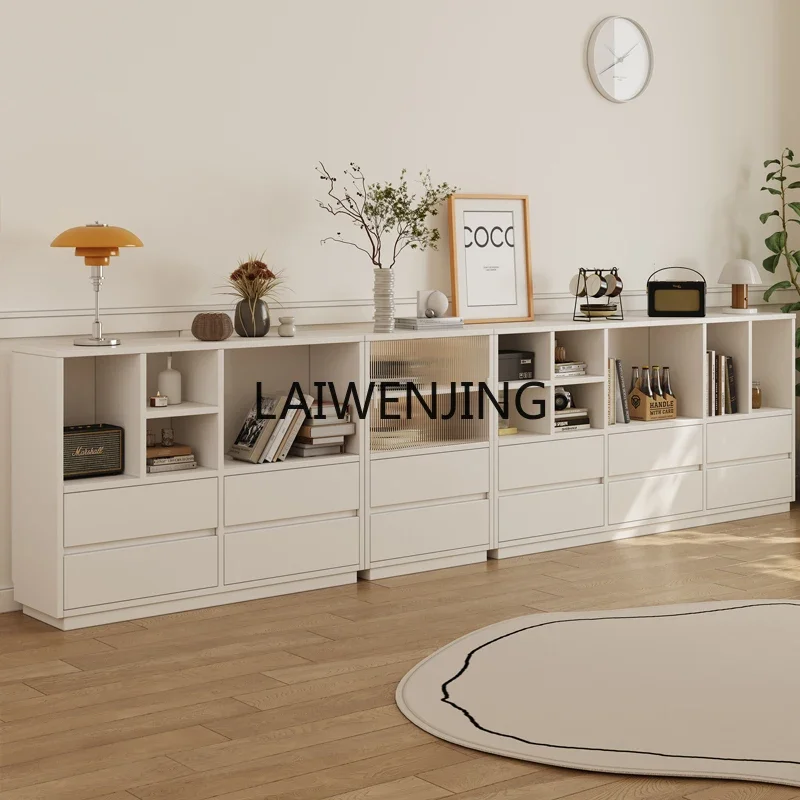 MJY solid wood floor-to-ceiling bookshelf living room storage white TV cabinet combination lattice cabinet