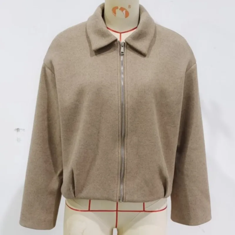 

Soft Wool-Blend Zip-Up Daily Solid-Color Coat Warm Windproof Outerwear Tops 2025 Autumn Women's Casual Collared Short Jacket