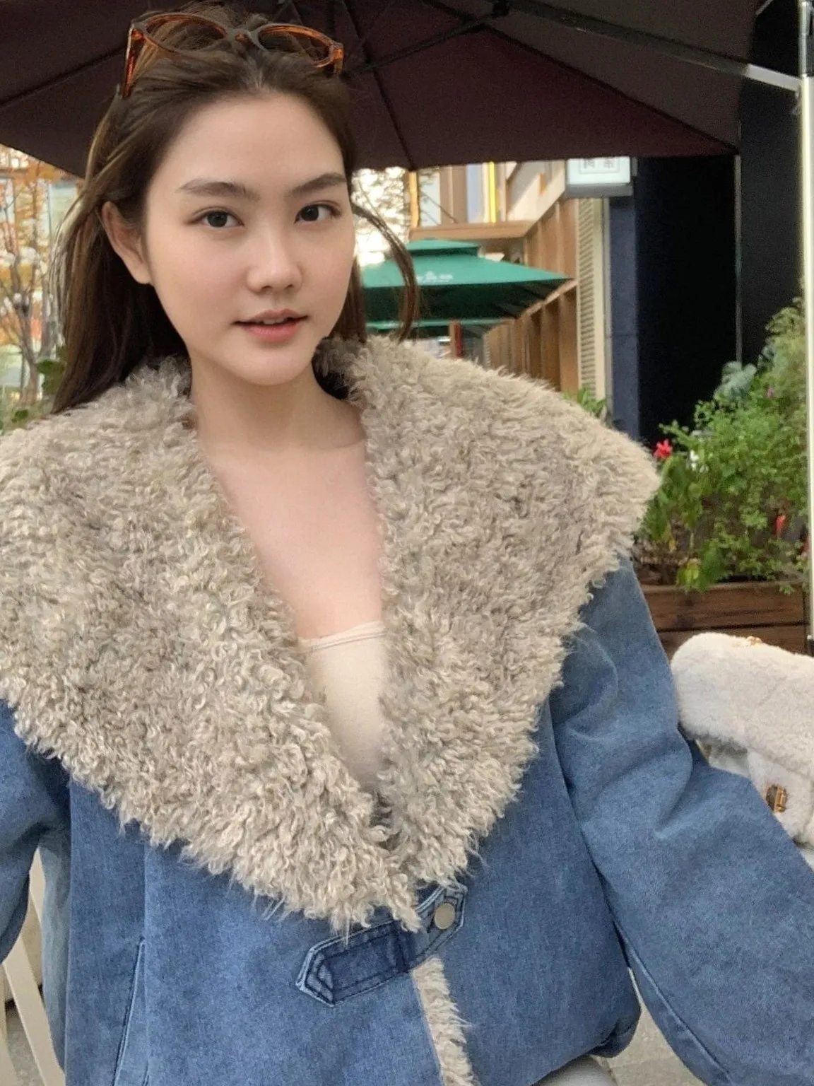 

Women's Biker Sle eepskin Coat Jaet Cotton Outerwear Fall Winter New Faion Warm Denim Fur Collar Thiened Long Sve