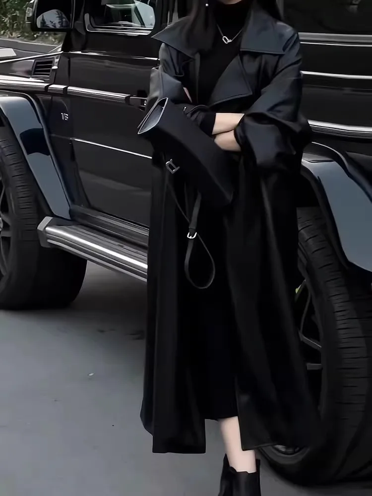 

Ele Long PU Leather Coat Women's Thiened Fce Inner Waist-Cinching Belted Autumn Winter New Sle Commute Sle