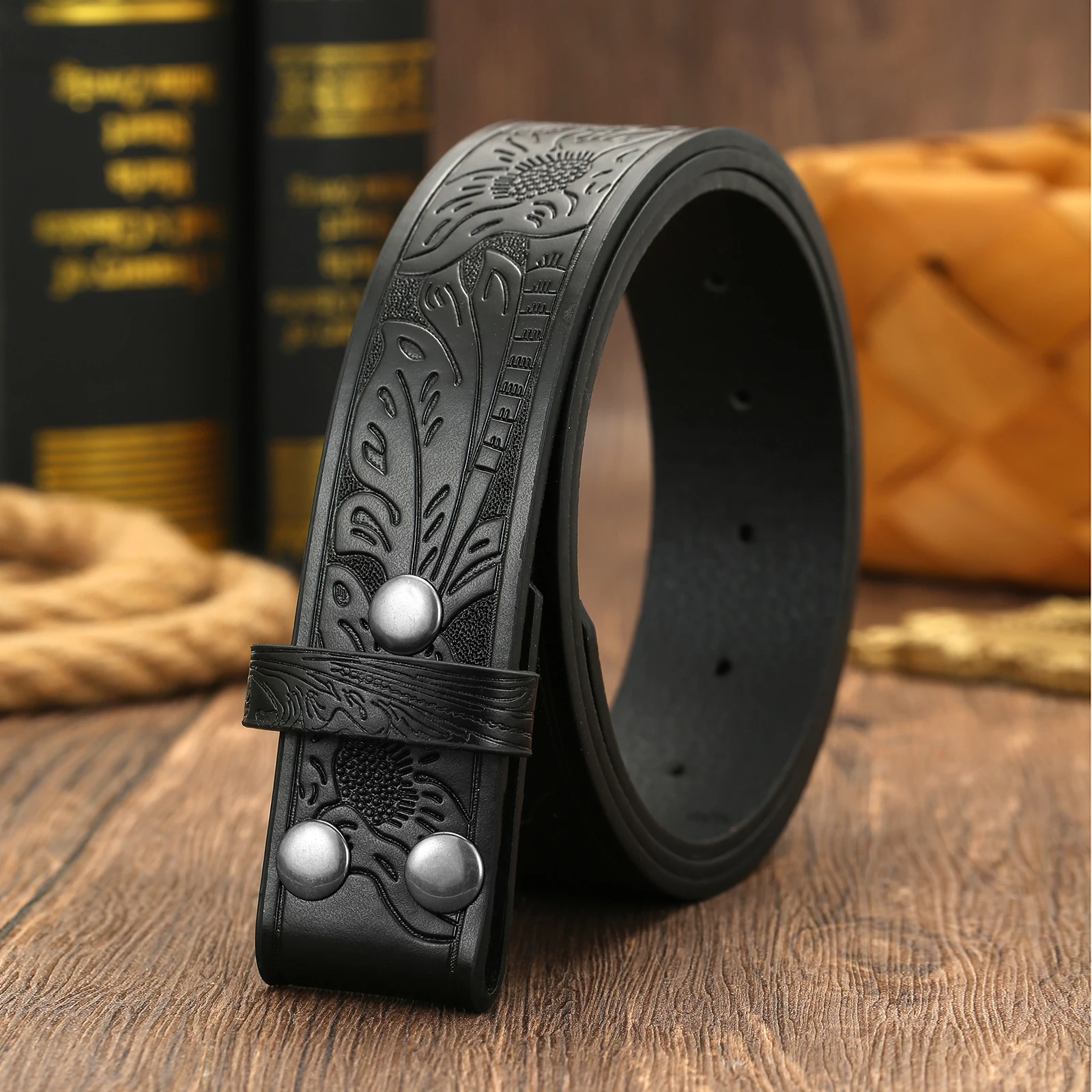 Herren Western-Gürtel mit geprägtem Muster, Blanko-Gurtband ohne Schnalle, Retro Cowboy PU-Leder Ersatzgürtel – Detail 8