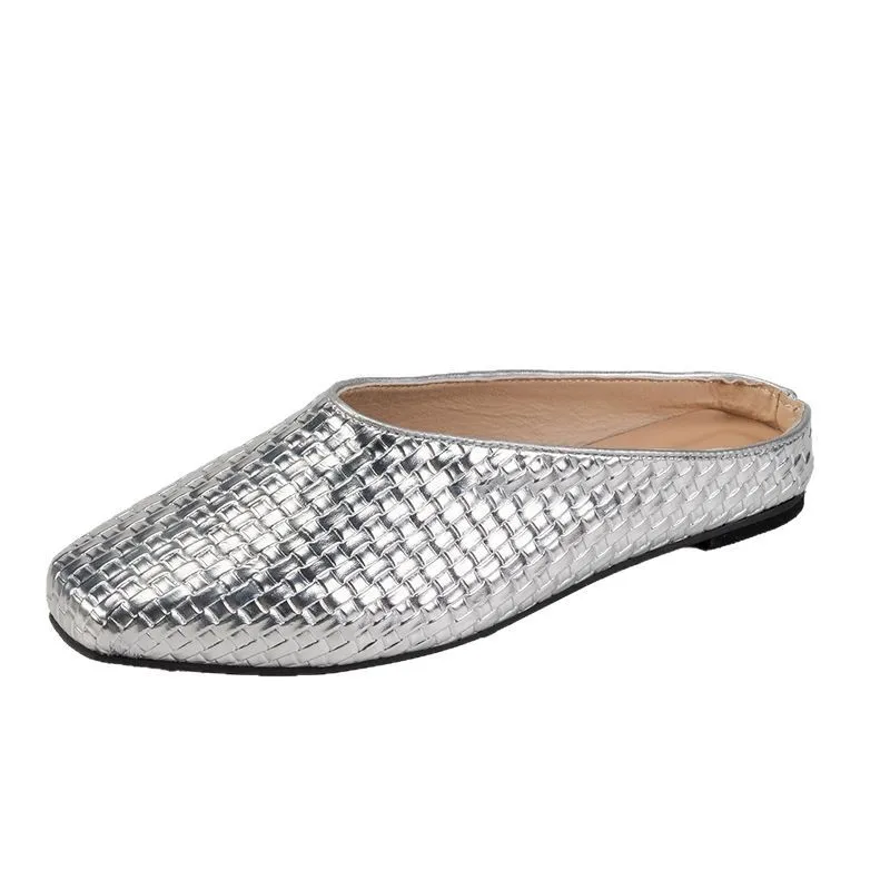 

2025 Summer New Braided Flat Mules for Women Solid Color Fashion Casual Half Slippers Ladies Big Size Square Head Woman Shoes