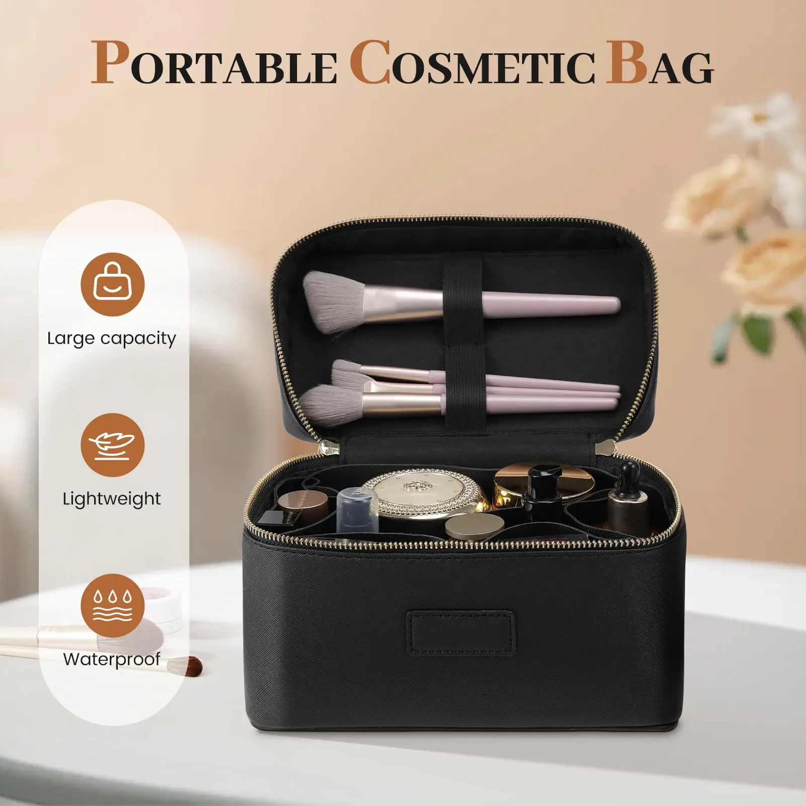 Large Capacity Pu Leather Double Zipper Handle Portable Beauty Cosmetic Bags for Travel Ladies Vanity Makeup Bags