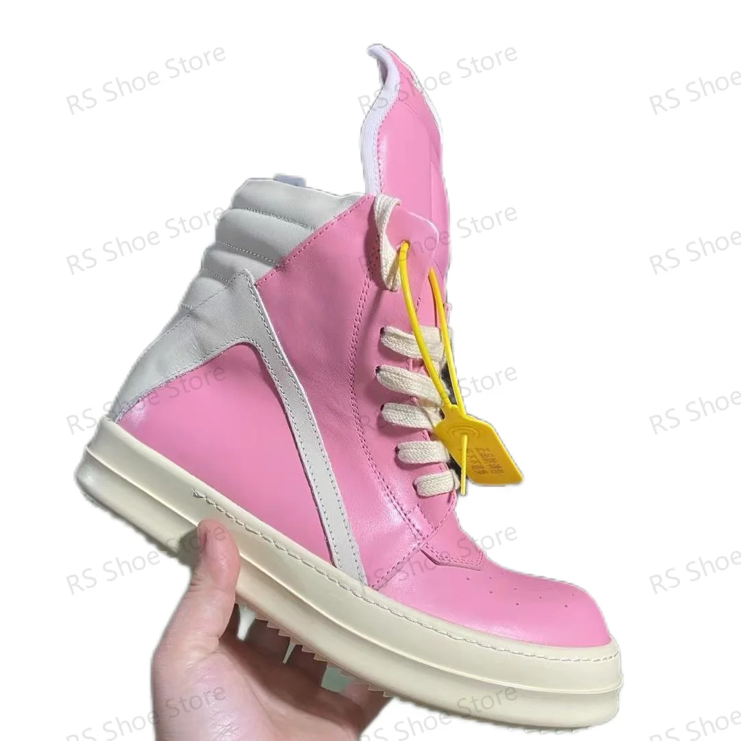 

Ro Men Shoe Pink Leather Ankle Boot Outoor Boots High Top Casual Shoe Zipper Women Sneaker Flat Cowhide Sneakers
