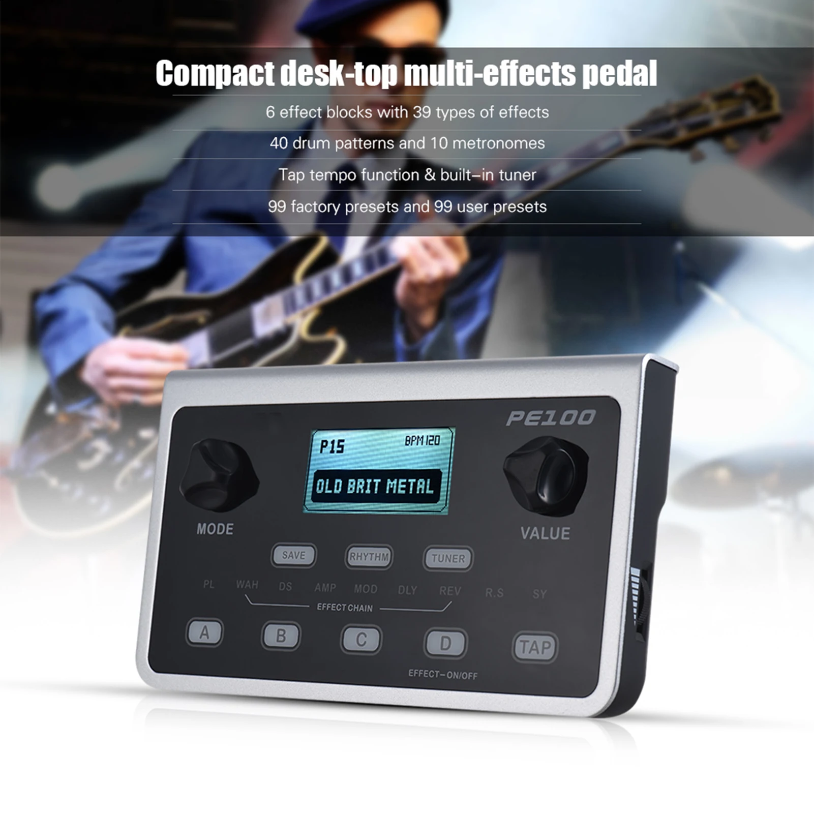 MOOER PE100 Portable Multi-effects Processor Guitar Effect Pedal 39 Effects 40 Drum Patterns 10 Metronomes Tap Tempo True Bypass