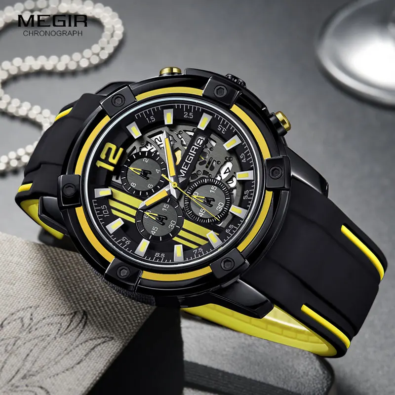 Megir Men\'s Black Silicone Strap Quartz Watches Chronograph Sports Wristwatch for Man 3atm Waterproof Luminous Hands 2097 Yellow