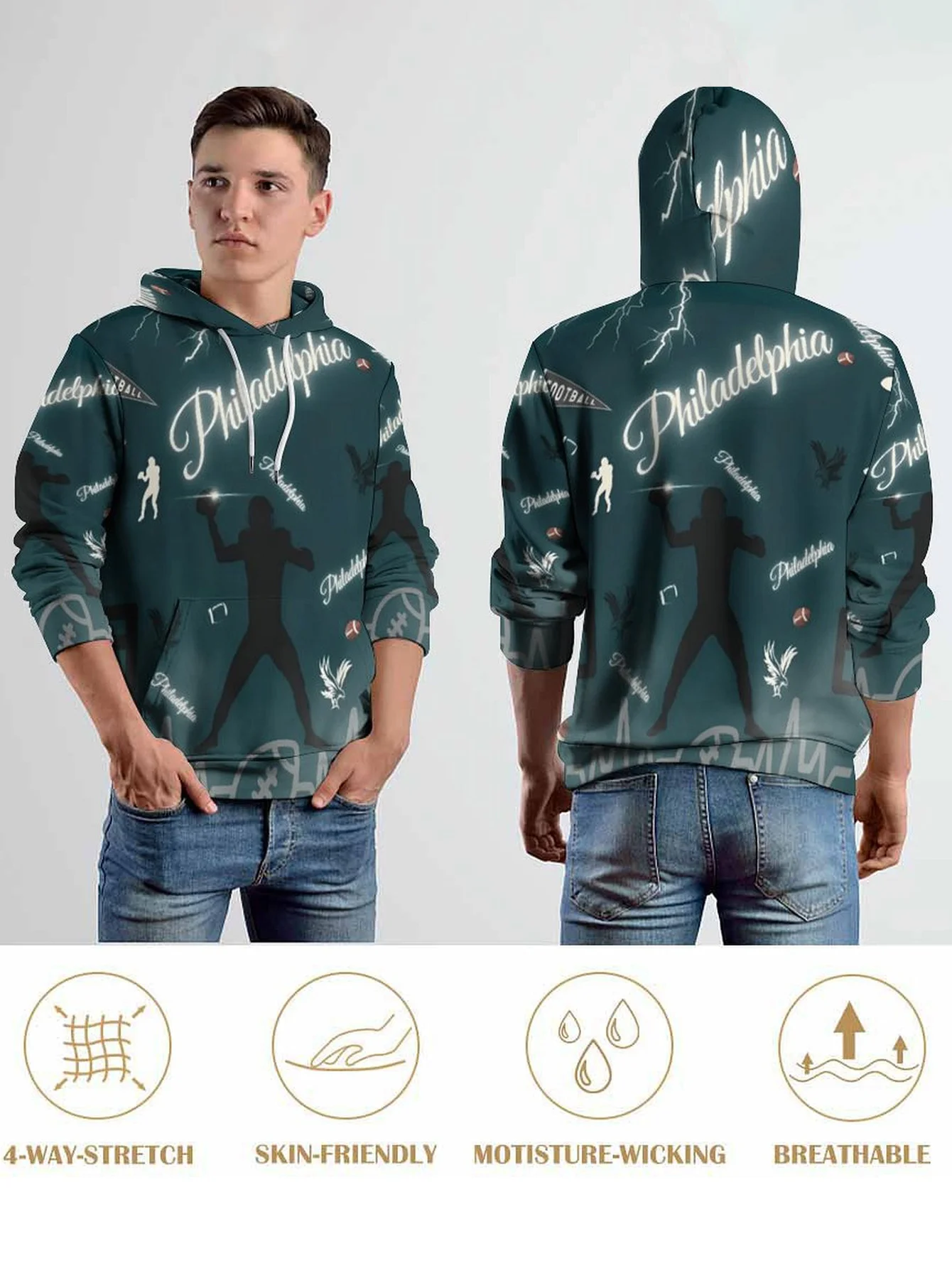 Herren Philadelphia Football Eagle Silhouette 3D-Druck Hoodie Sportthema Langarm Lässiger Oversized Kapuzenpullover – Detail 5