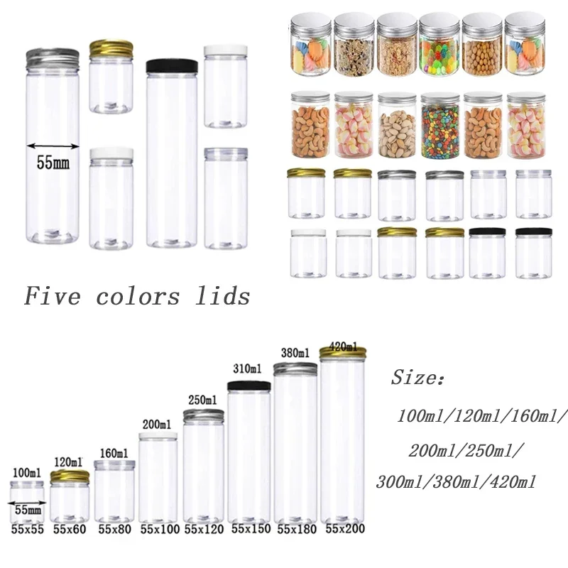 

30Pcs 100-420ml Plastic Straight Bottles With Aluminum Lid Empty Refillable Clear Travel Container For Dried Fruit Peanut Candy